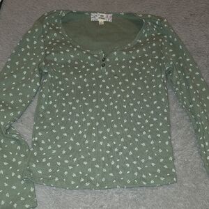 Pink Republic Olive Green Floral Ribbed Long Sleeve Top